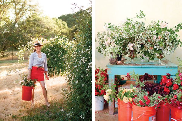 Left: Always at home in an abundant garden, floral designer Ariella Chezar leads the flower harvest each morning. | Right: A cluster of completed centerpieces and buckets of the garden spoils fill the workshop workroom.