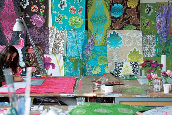 A wall in the Designers Guild studio shows myriad examples of how flowers inspire the company’s designs.