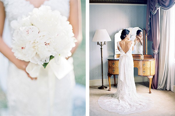 The bride’s full bouquet of frothy white peonies complemented her elegant lace gown and sash tied in a traditional bow.