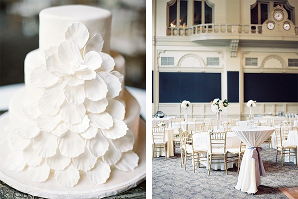 LEFT: “I love the simplicity and elegance,” says the bride of her cake made by Swiss Confectionery, a New Orleans institution. RIGHT: Looking for a historical venue with a lot of character, the bride selected the New Orleans Board of Trade for the reception.