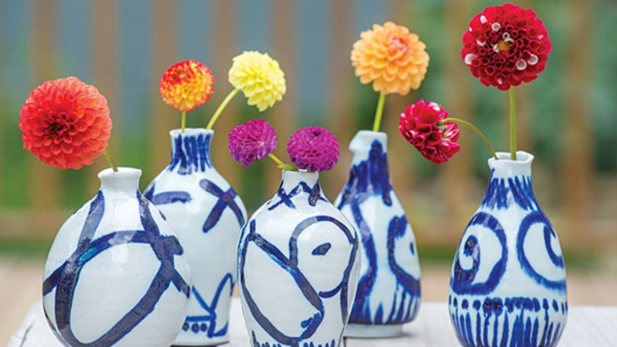 Frances Palmer's garden-grown dahlias displayed un her own handmade vases