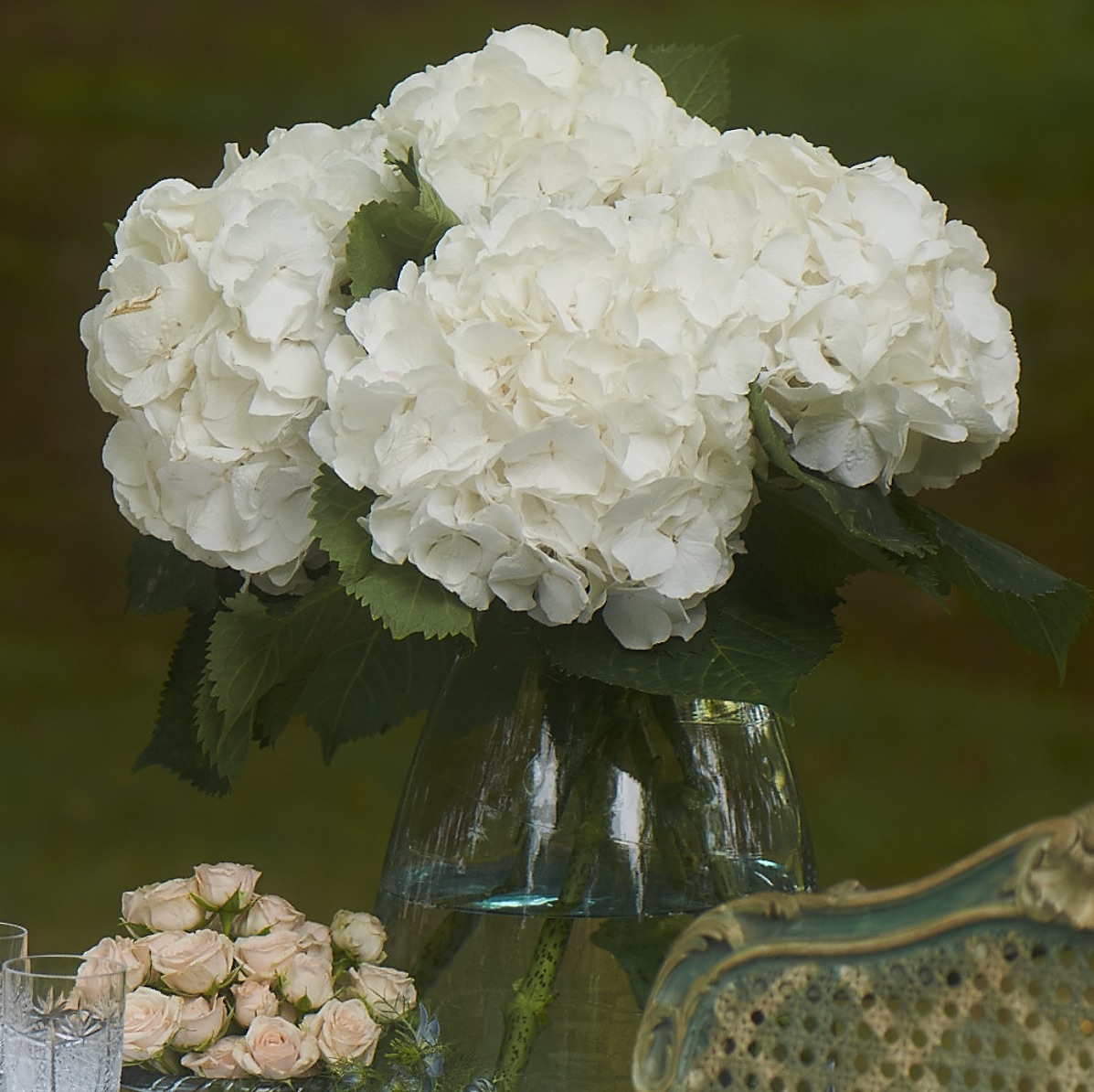 For a summer buffet, Cornelia Guest arranged big, lacy, white hydrangeas in a simple vase. 