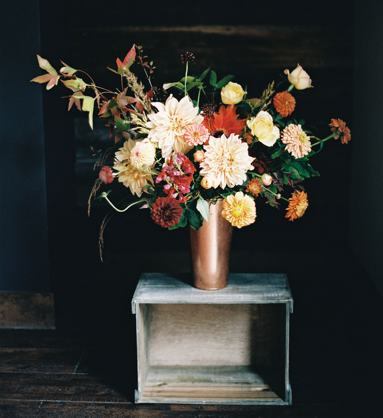 dahlia arrangement in copper vaseby floral designer Frances Harjeet Grace
