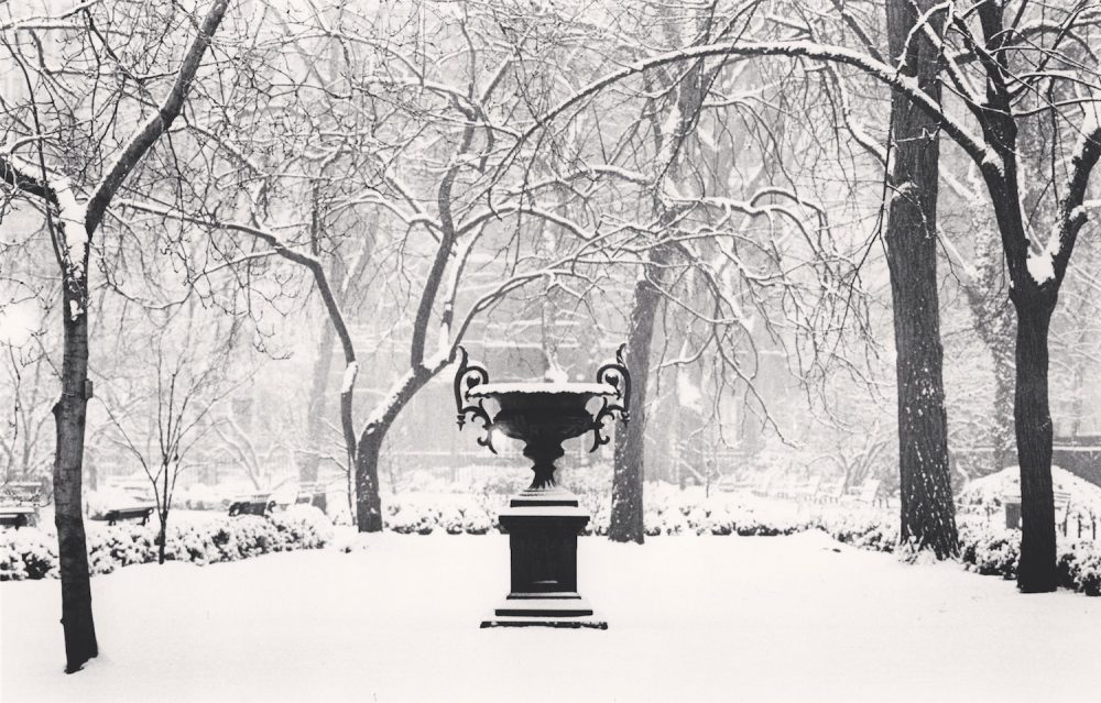 Urn in Gramercy park covered in snow.