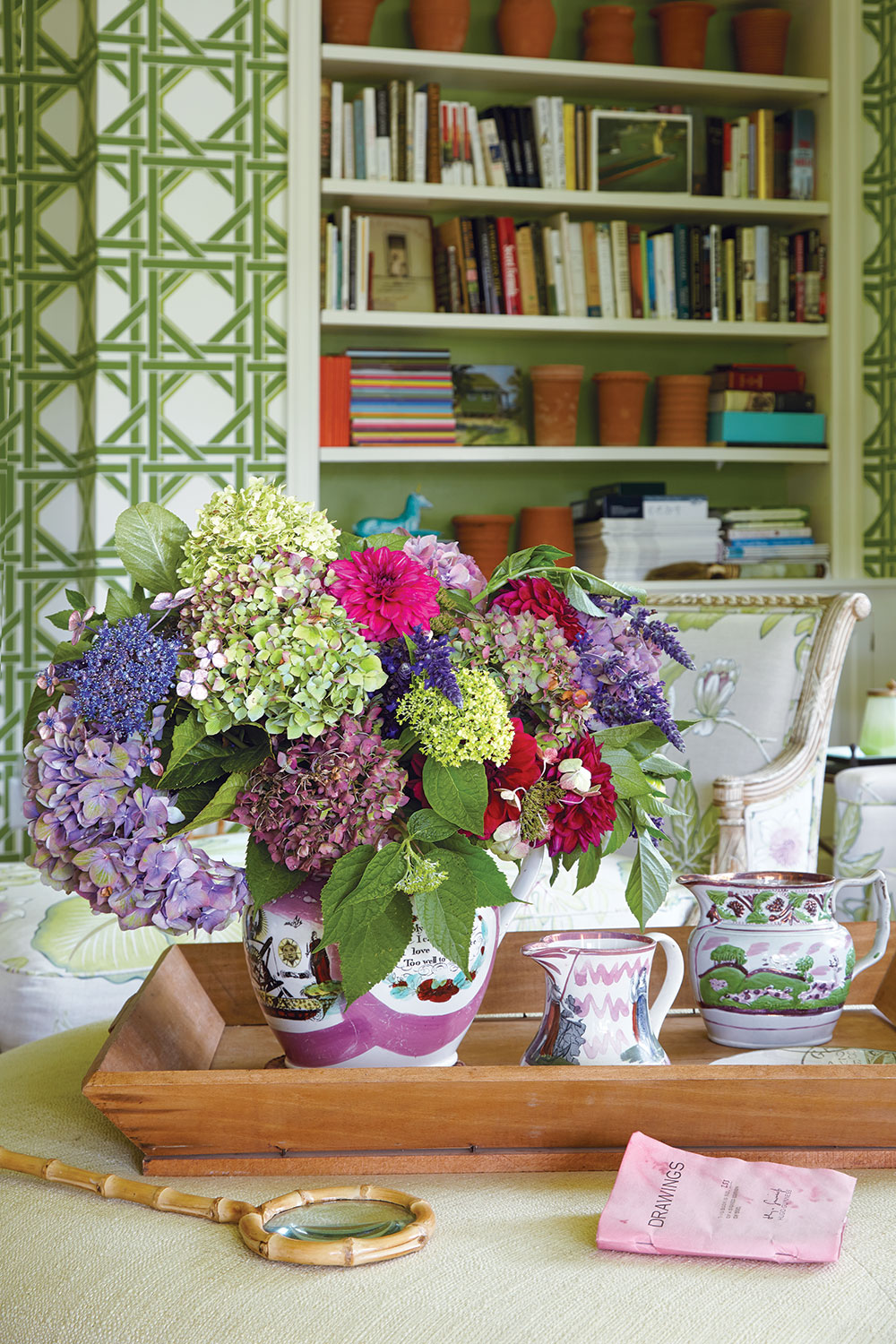 A vase of hydrangeas, dahlias, and salvia in Frances Shultz's Bee Cottage. 