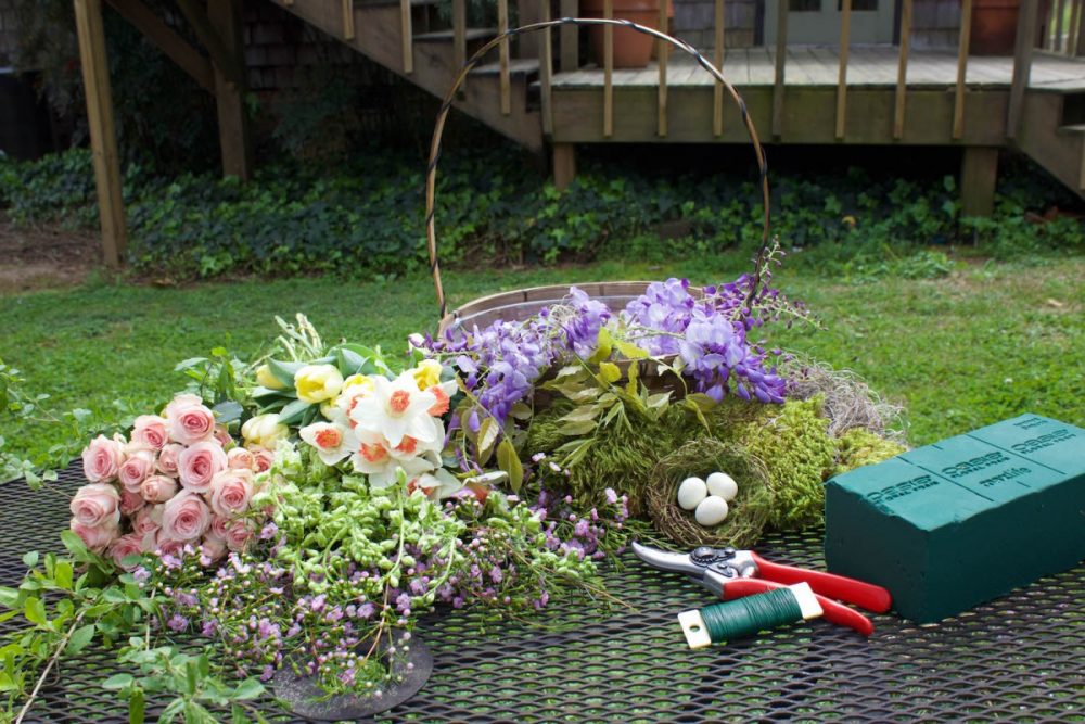 spring flower basket materials, easter flower arrangement