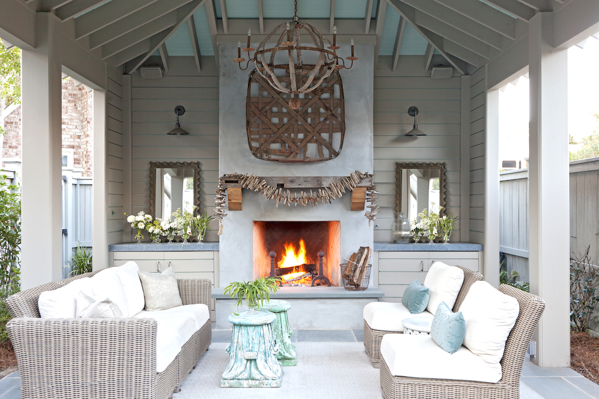 Calder Clark's covered porch and outdoor fireplace.