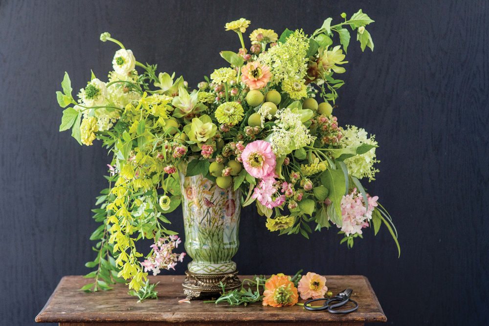 old-world style arrangement, green and pink