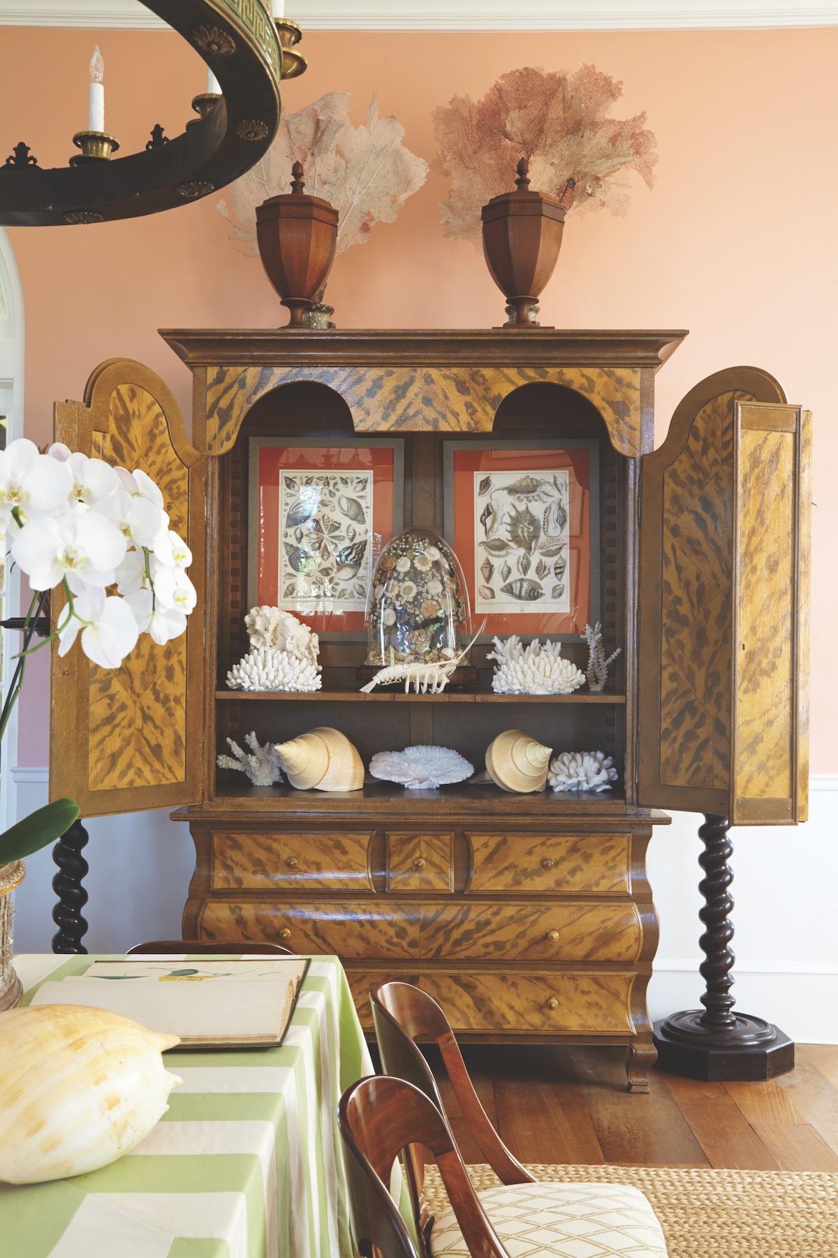 A faux-tortoiseshell French armoire houses prints, shells, and other curiosities.