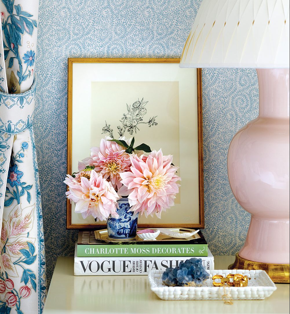 Ashley Whittaker, bedside table with pink dahlias