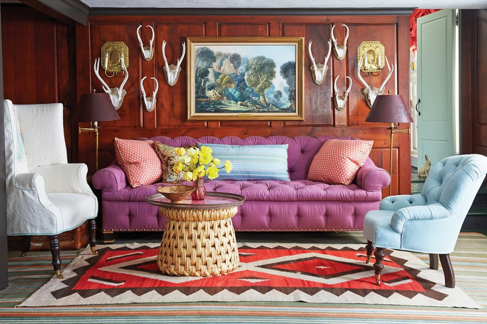 Interior designer Jeffrey Bilhuber, purple sofa