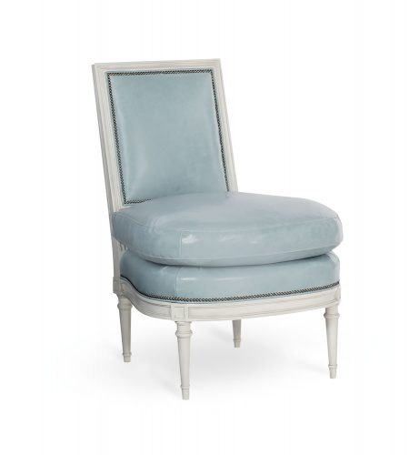 Armless chair with a white wood frame and light blue leather upholstery