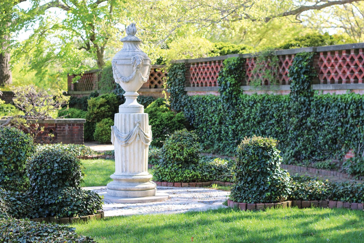 The urn terrace features an urn modeled on an 18th-century terra-cotta one that Mildred and Robert Bliss purchased in France.
