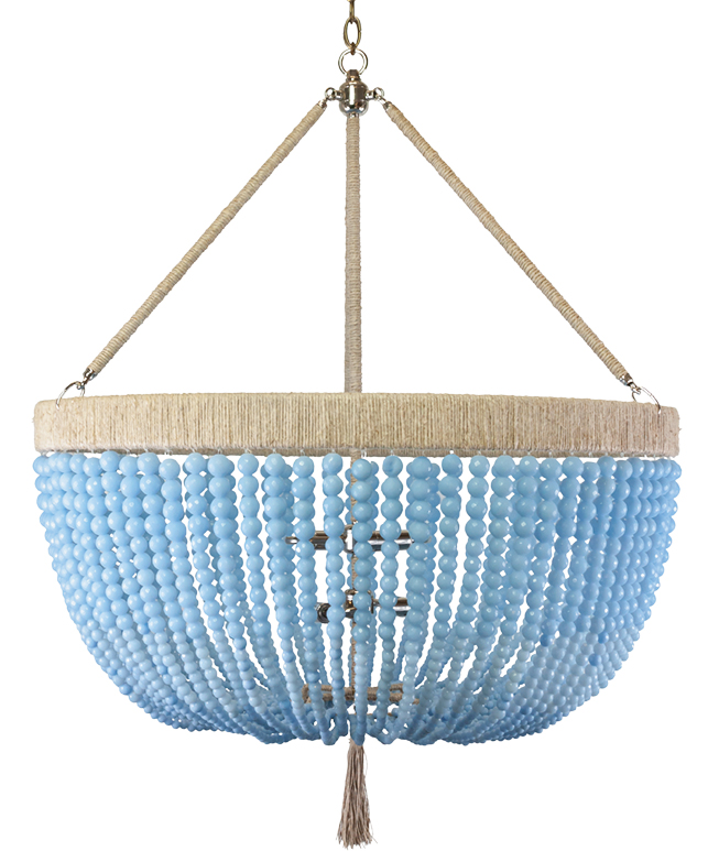 Round chandelier featuring strings of blue beads that create a bowl shape and soft gold accents