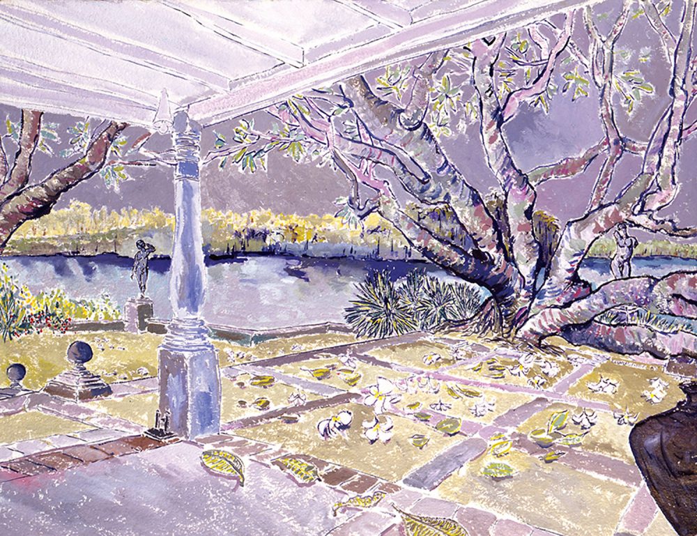 "Lunuganga, Bentota, Sri Lanka," 1992, gouache on paper, 21 x 27 inches, private collection. From “Into the Garden” by Christian Peltenburg-Brechneff, copyright © 2019, published by G Arts www.glitteratieditions.com