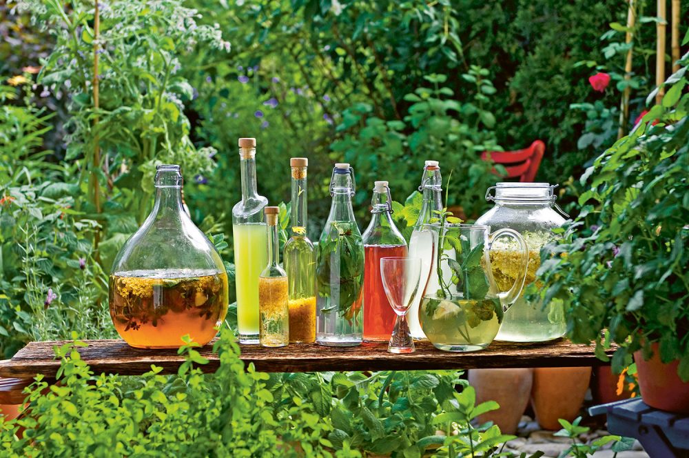 An enticing array of David Hurst’s nonalcoholic concoctions, displayed in the garden.