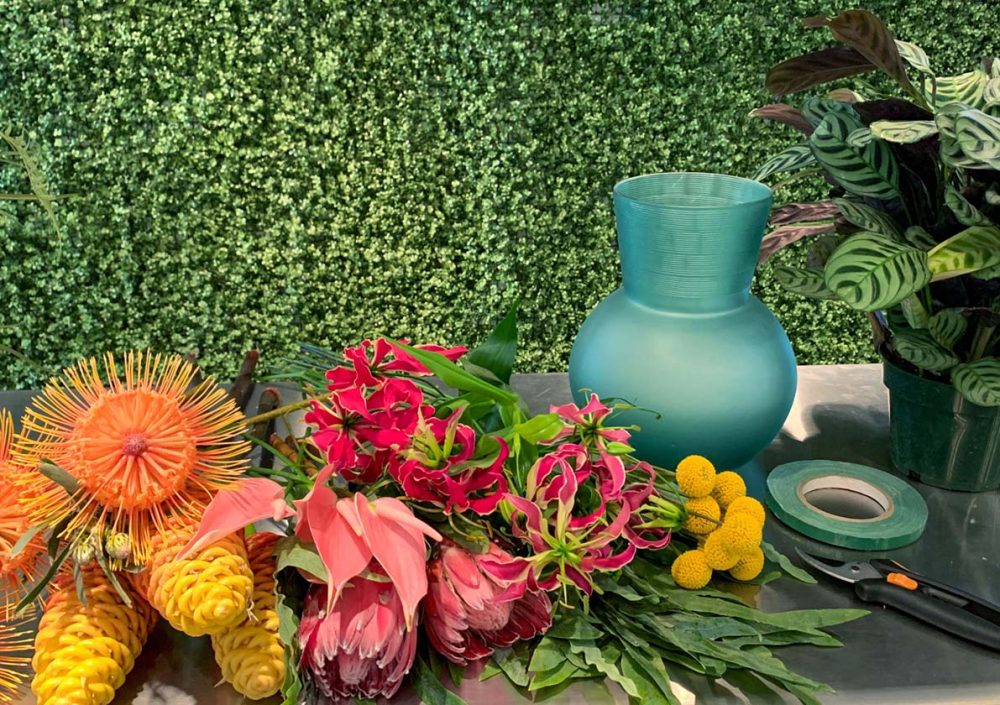 Materials for Jessica Cohen's Tropical Flower Arrangement Video