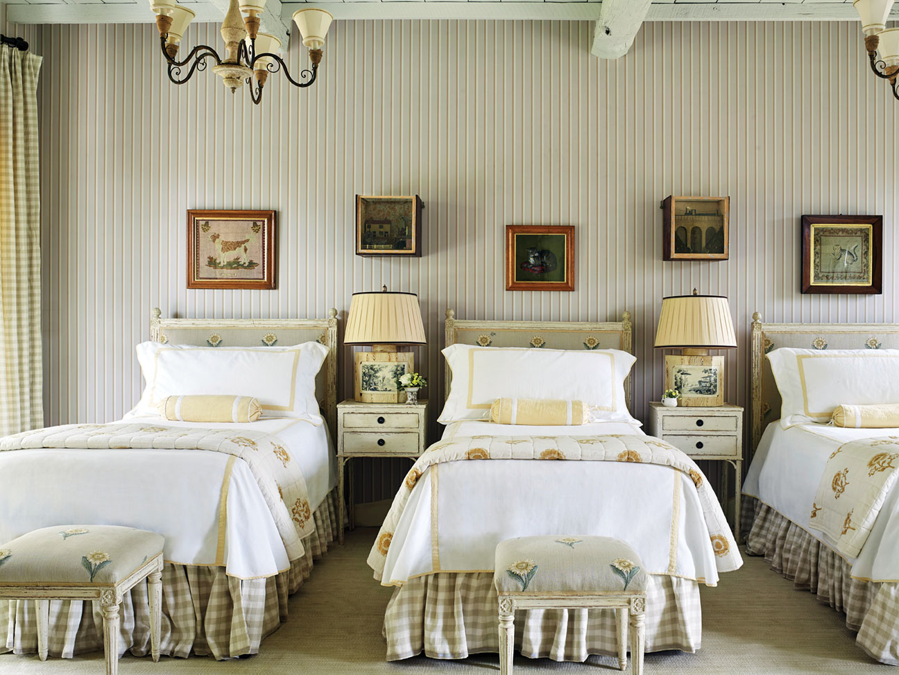 Guest room with three twin beds designed by Cathy Kincaid
