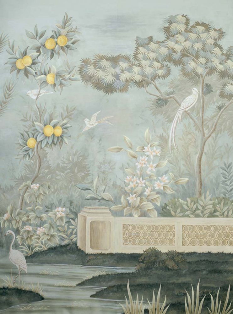 scenic Gracie wallpaper panel featuring a scene with a low garden wall, exotic birds, fruit trees and flowering shrubs