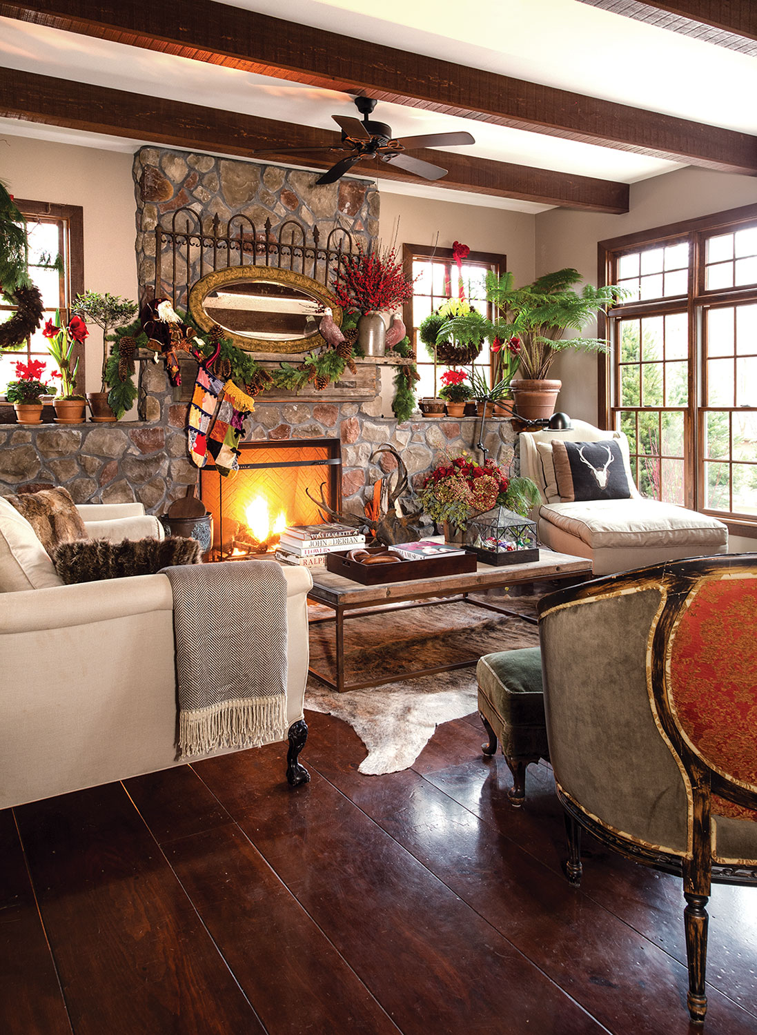 living room Christmas decor in the home of event planners Rick Davis and Christopher Vazquez