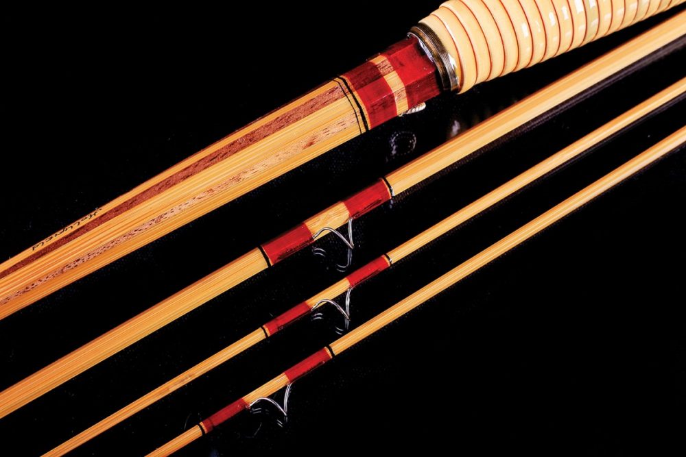 closeup of red silk bands on custom fly rods from Hollifield Bamboo 