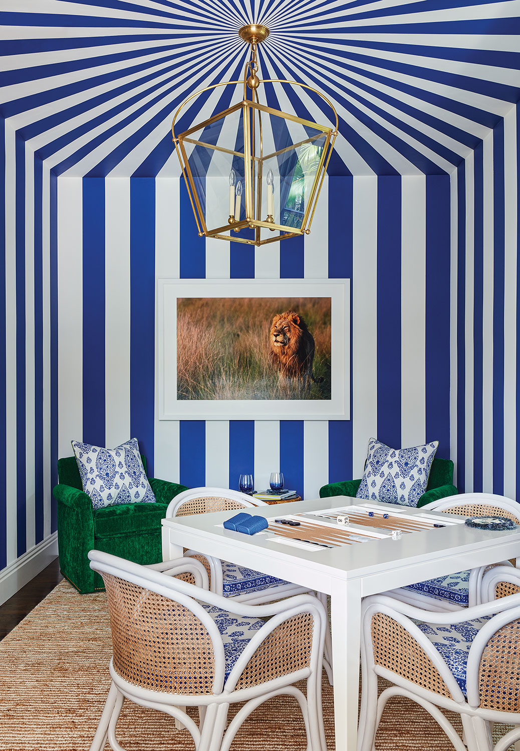 Blue and white striped tent effect in game room