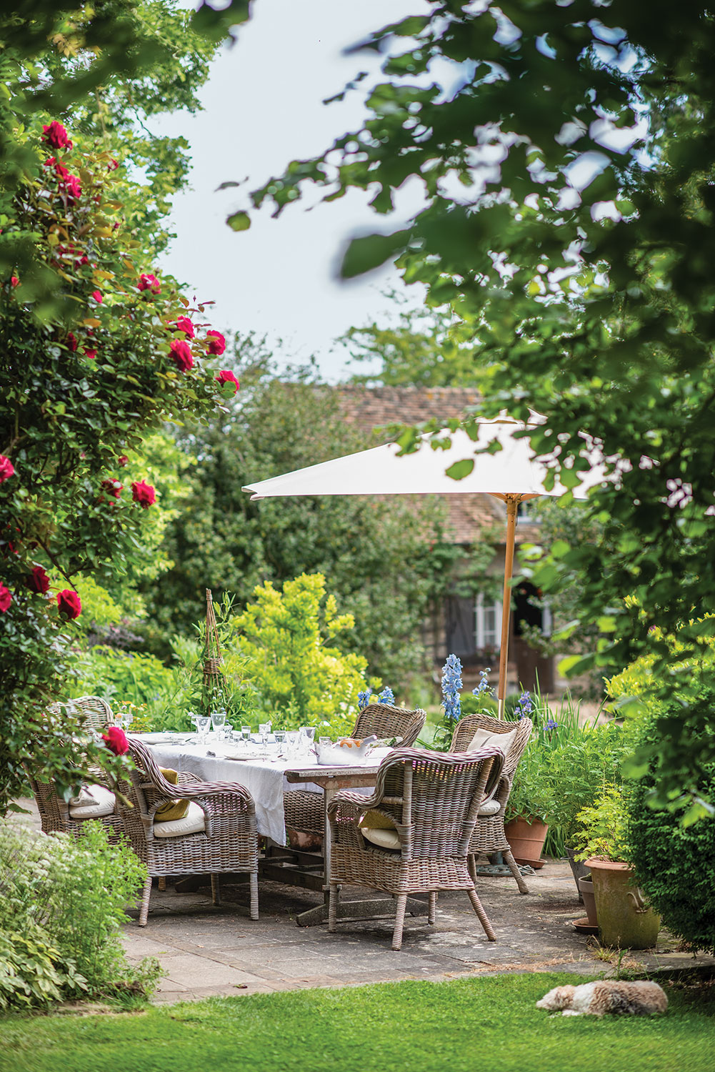 outdoor dining area in gardens of Sharon Santoni