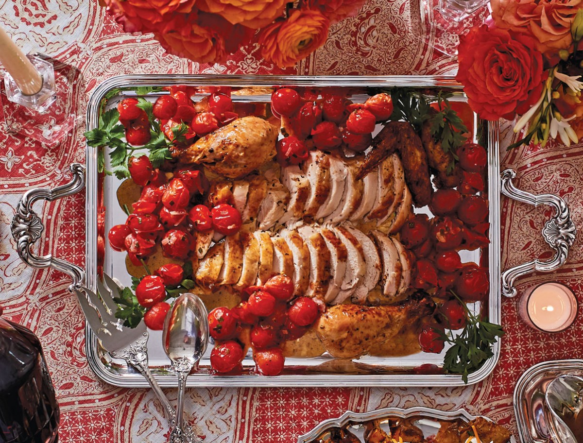 Alex Hitz's Perfect Roast Chicken with Roasted Chicken on a silver serving tray