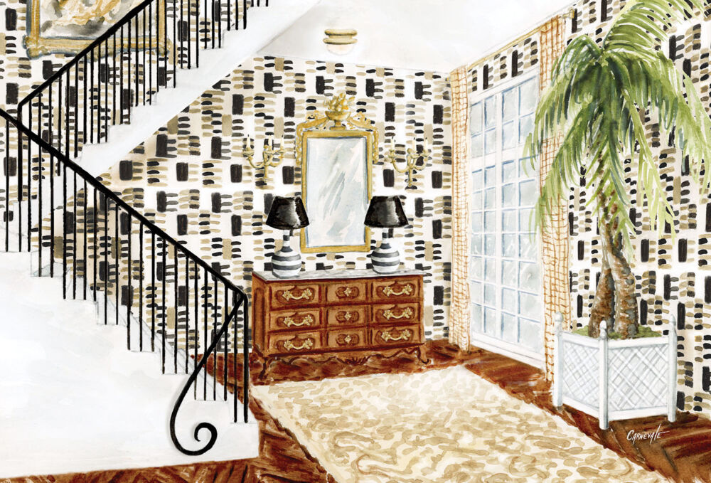Rendering of the entry foyer and stairs designed by Ware Porter at the Flower magazine Baton Rouge Showhouse