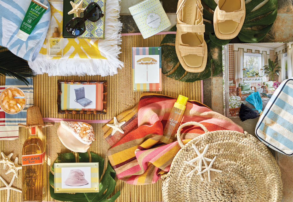 Sandals, tanning oil, seashells, beach towels, starfish and perfume are laying on top of a rattan mat.