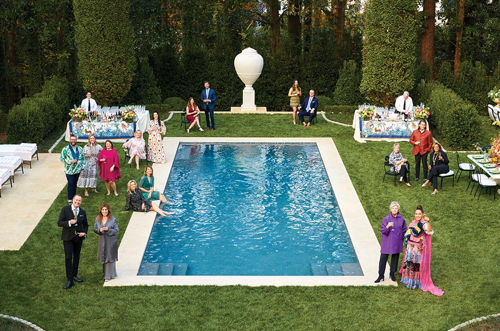 Photo of backyard and pool area with designers of the Flower Magazine Atlanta Showhouse: Charlotte Moss, Suzanne Kasler, Barry Dixon, Michelle Nussbaumer, Nellie Howard Ossi, Fran Keenan, Lisa Mende, Bunny Williams, Elaine Griffin, Tristan Harstan, Julie Dodson, Ray Booth, Melanie Millner, Ashley Whittaker, Jared Hughes, Mallory Mathison Glenn, Nina Long, and Don Easterling