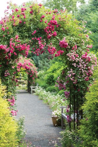 pathway lined with rose-covered archways