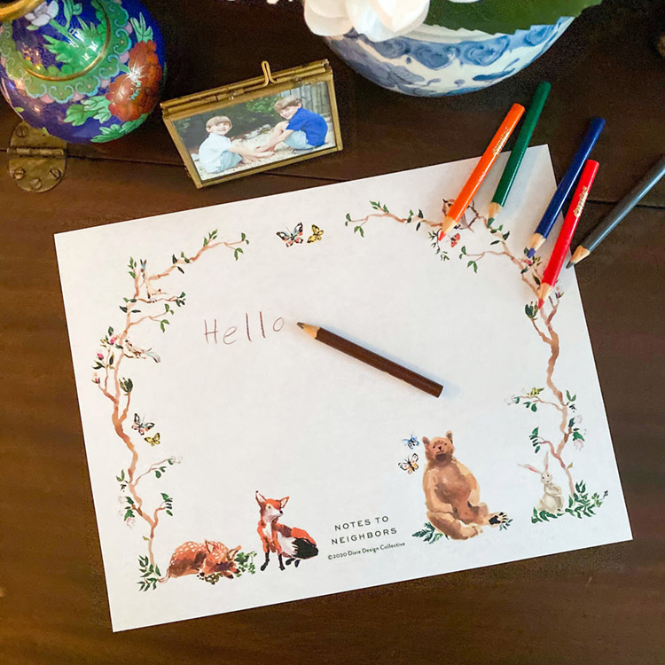 printable children's stationery featuring illustrations of a fox, baby deer, beer, bunny, and butterflies