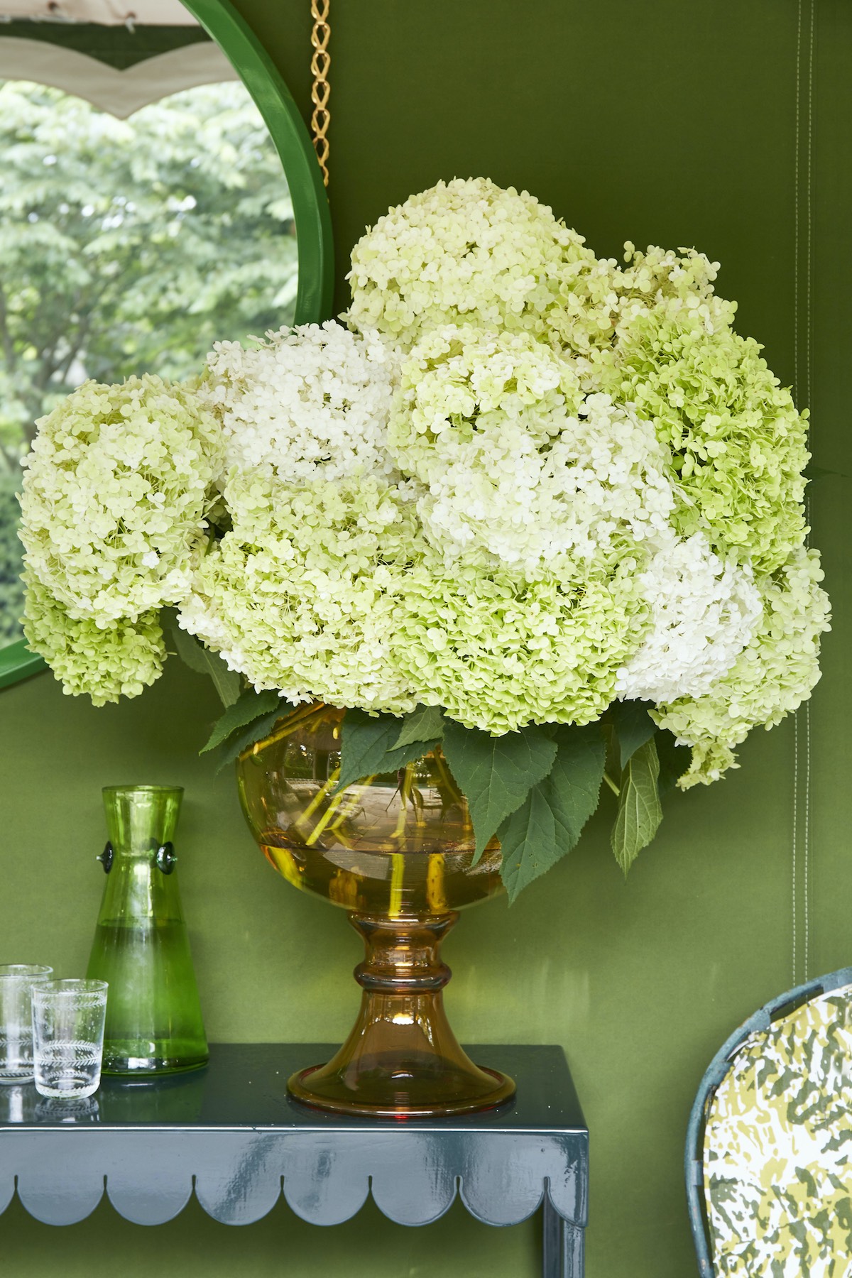 Amber glass vase of green and white Annabelle hydrangeas.