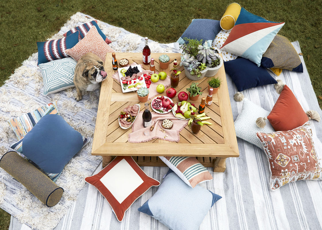 charcuterie board picnic, outdoor pillows and rugs, picnic