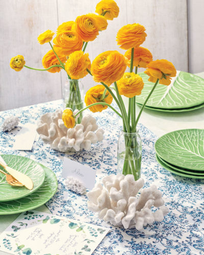 Social Studies party kit, styled with vases of yellow ranunculus and white coral