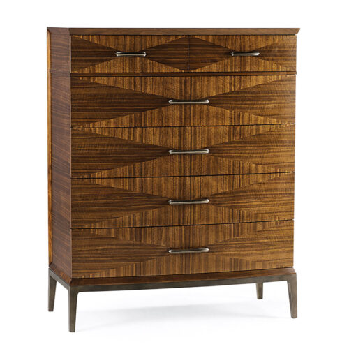sleek wood dresser with geometric pattern inlaid on the fronts