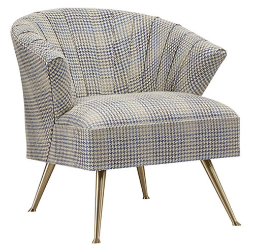 chair with a curved back and metal leggs, upholstered in neutral plaid