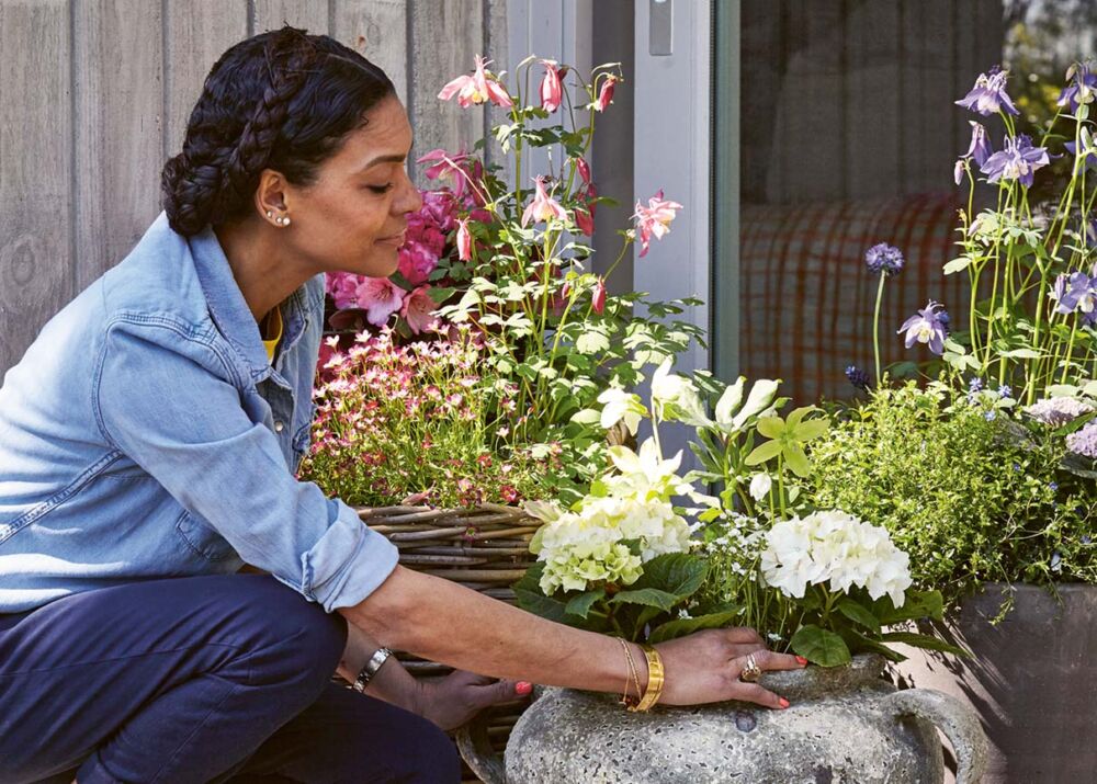 The author Isabelle Palmer, a Black woman wearing her hair in a French braided up-do, wears a light denim button-up blouse with the sleeves rolled up, dark denim jeans, and leopard print flats. She leans over, tending flowering flowering potted plants. 