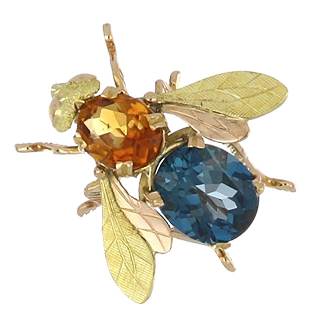 Estate 18K Gold Citrine and Blue Topaz Bee Pin from Tenenbaum Jewelers in Houston