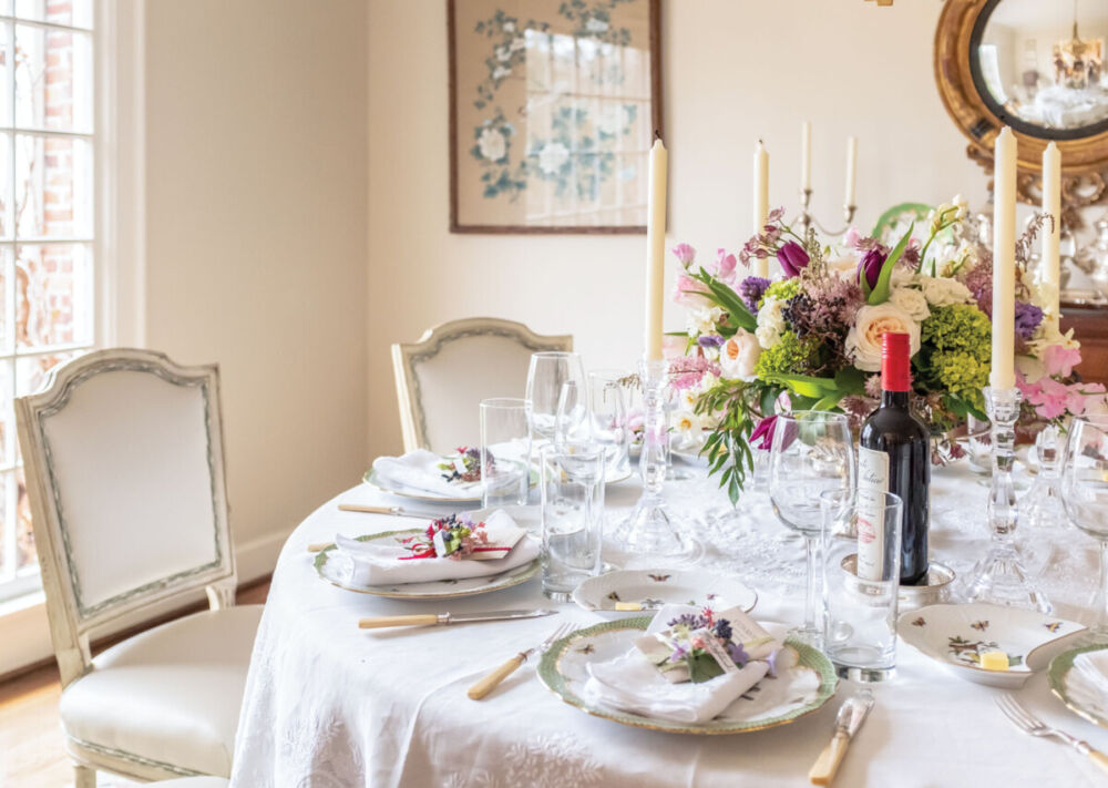 a light and airy dining room set for a Galentine's celebration in the home of Mary Spotswood in Frankin, Tennessee