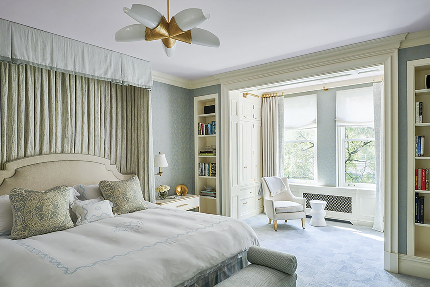 main bedroom in a serene soft sage palette, decorated by interior designer Phillip Thomas