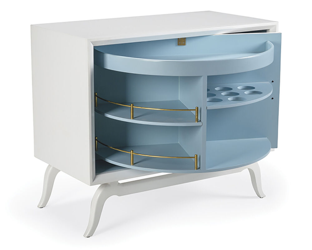 Colorful Home Decor and Accessories for 2021: color blue. White modern drink cabinet with blue interior