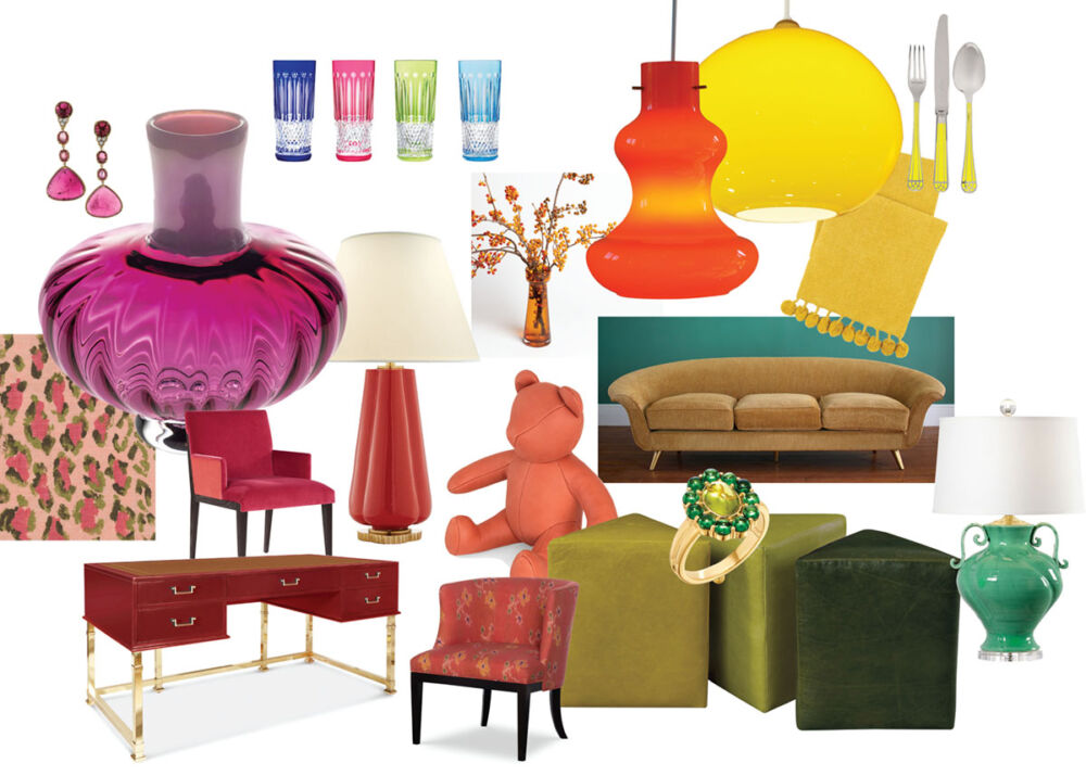 Colorful Home Decor & Accessories for 2021 - an assortment of furniture, glassware, lighting, and jewelry in a spectrum of colors from red to orange to yellow to green