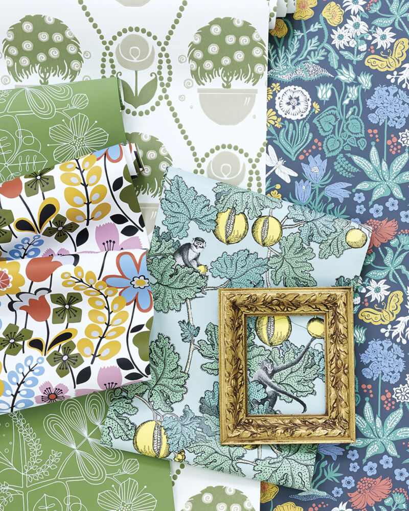 floral wallpapers with bold graphic prints, with green being the common thread in all