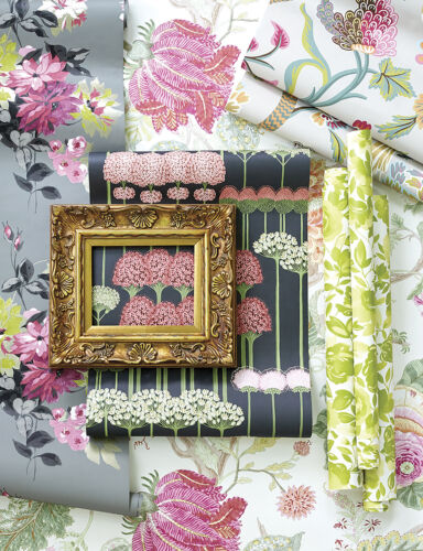 5 patterns of floral wallpaper with pink and green colorways, and white, gray and black backgrounds