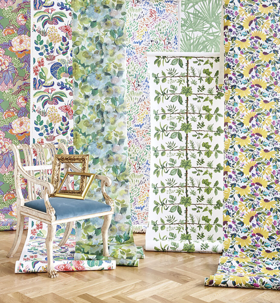 floral wallpapers in bright colors, with green being the common thread in all