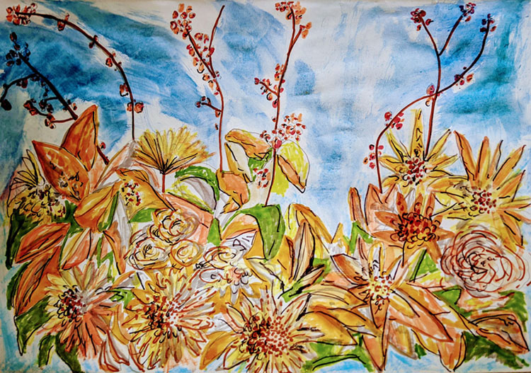 pencil and watercolor sketch by artist Jan Erika based on a floral design by The Flower Hat