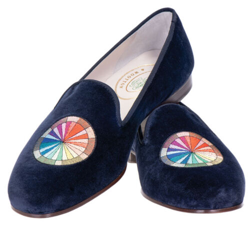 black slippers with color wheel emblem