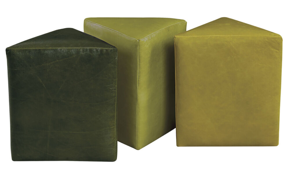 a trio of triangle shaped ottomans in various shades of green